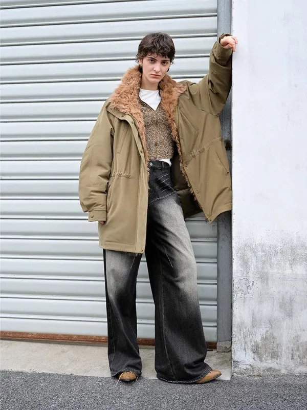 "Amber Pine Forest" fashionable Toka curly collar 90 goose down H-type drawstring mid-length parka down jacket sold by Firelady Fur