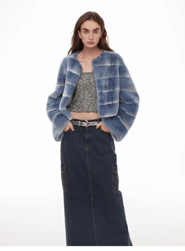 "Dream Chaser" round neck short horizontal spray stripe contrast color loose imported Rex rabbit fur coat sold by Firelady Fur