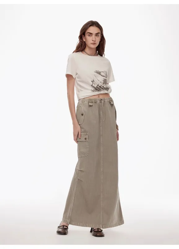 "Dune Fantasy" Wasteland Style Washed Drawstring Elastic Low Rise Straight Workwear Denim Skirt sold by Firelady Fur