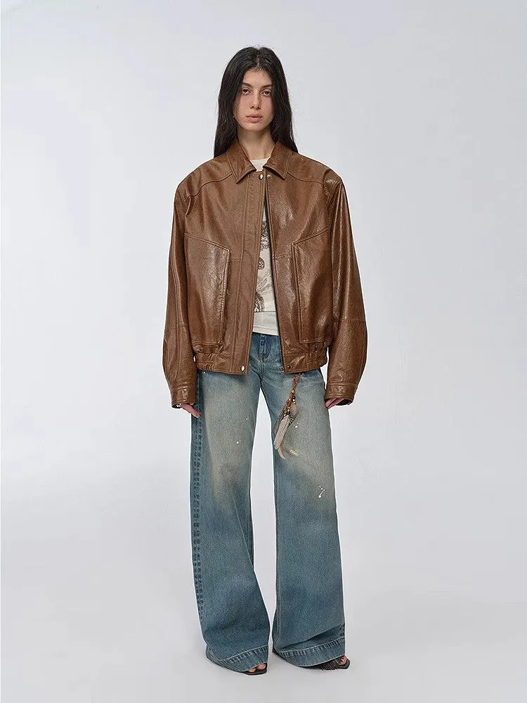 Fashionable Luke imported waxed sheep leather jacket retro workwear elastic jacket sold by Firelady Fur product image thumbnail 3