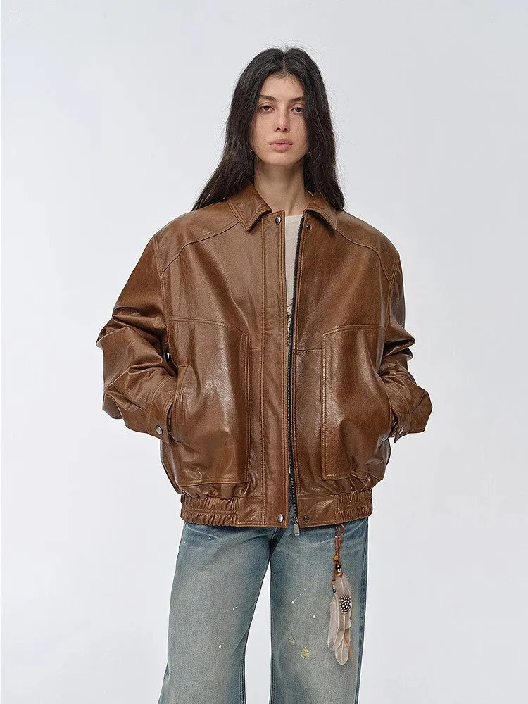 Fashionable Luke imported waxed sheep leather jacket retro workwear elastic jacket sold by Firelady Fur product image thumbnail 2