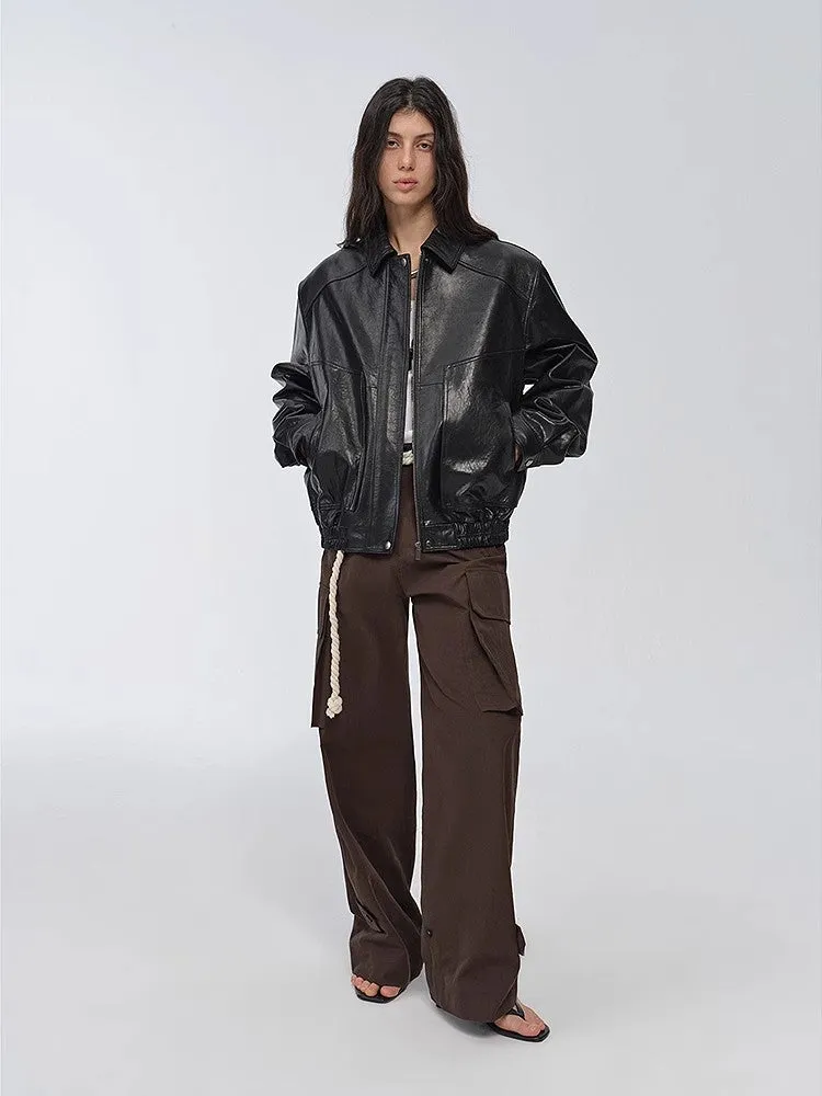 Fashionable Luke imported waxed sheep leather jacket retro workwear elastic jacket sold by Firelady Fur product image thumbnail 4