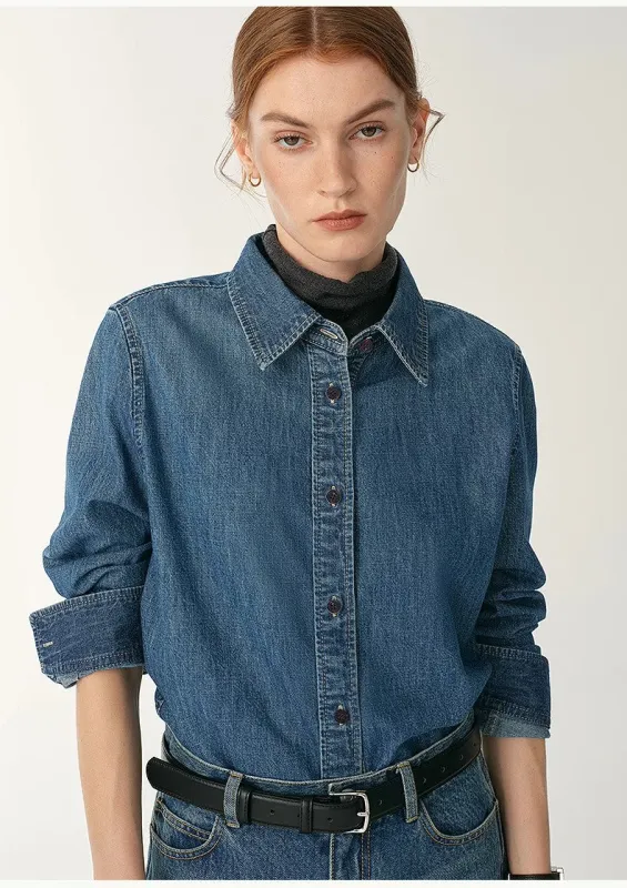 Italian imported BERTO denim classic old money style lapel shirt for women sold by Firelady Fur