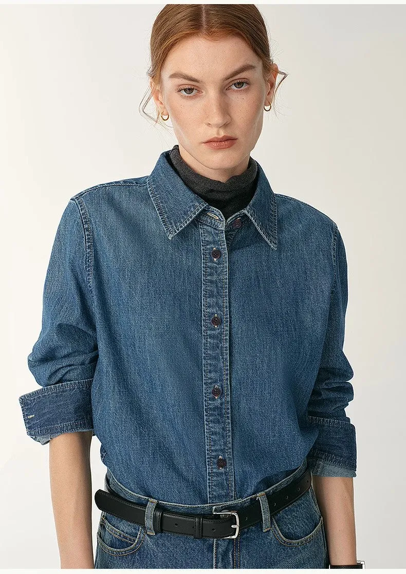 Italian imported BERTO denim classic old money style lapel shirt for women sold by Firelady Fur