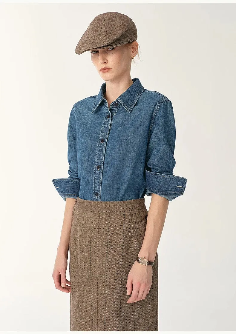 Italian imported BERTO denim classic old money style lapel shirt for women sold by Firelady Fur product image thumbnail 2