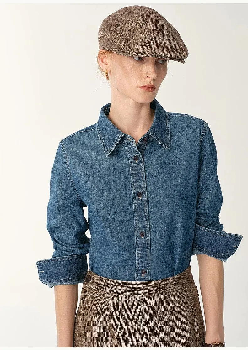 Italian imported BERTO denim classic old money style lapel shirt for women sold by Firelady Fur product image thumbnail 5
