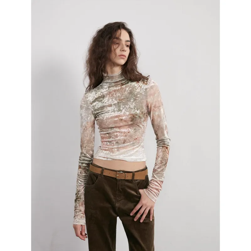 "Warm Sugar Latte" Smudge Print Velvet Long Sleeve Bottoming Shirt Women's Half Turtleneck T-shirt sold by Firelady Fur