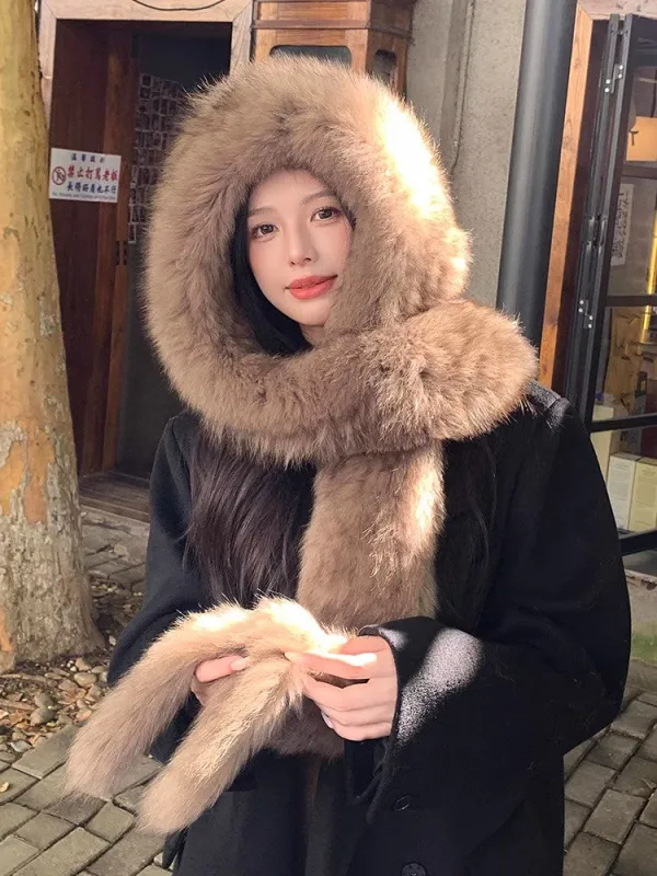 Fox Fur Hat Scarf Snow Hat Women Autumn Winter Warm High-end Double-sided Thickened Plush Earmuff Hat sold by Firelady Fur