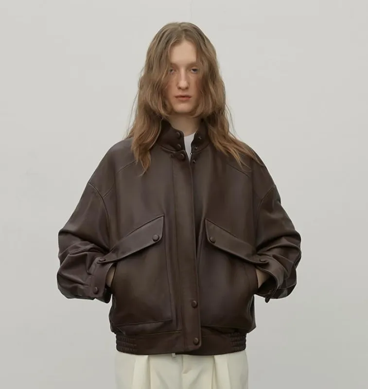 Brown Retro Genuine Leather Jacket Women's Motorcycle Sheep Leather Jacket Short "Loveless Muse" sold by Firelady Fur