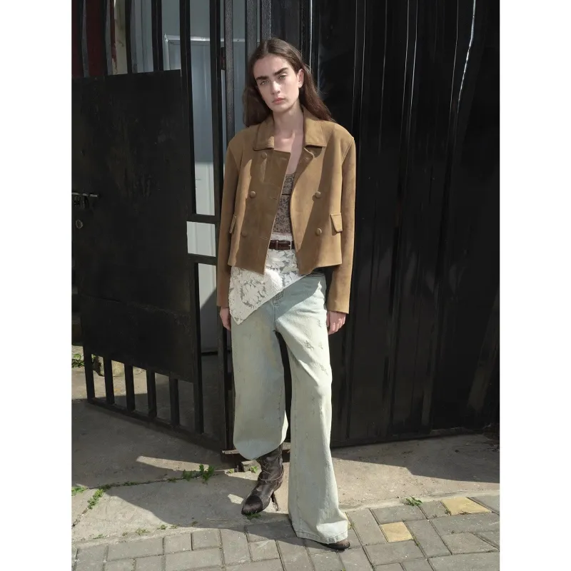 Suede lambskin retro double-breasted lapel wide-shoulder genuine leather jacket imported from New Zealand "Nth power" sold by Firelady Fur