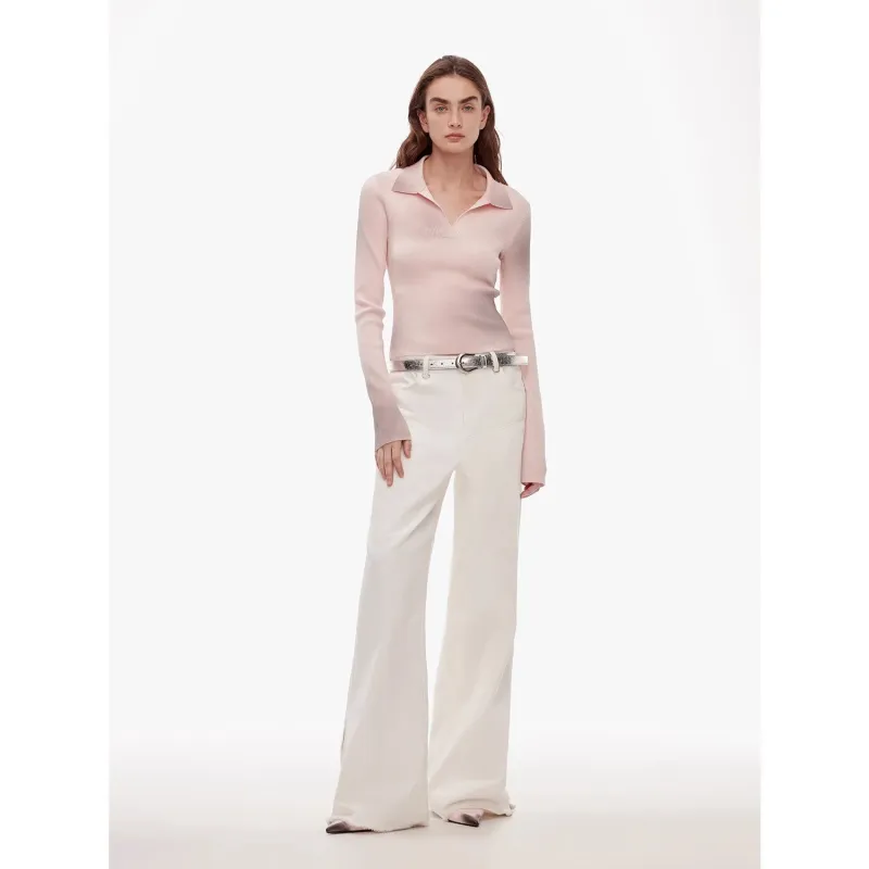 Vintage style curved split design enzyme wash process wide-leg micro-lapel mid-low waist denim pants sold by Firelady Fur