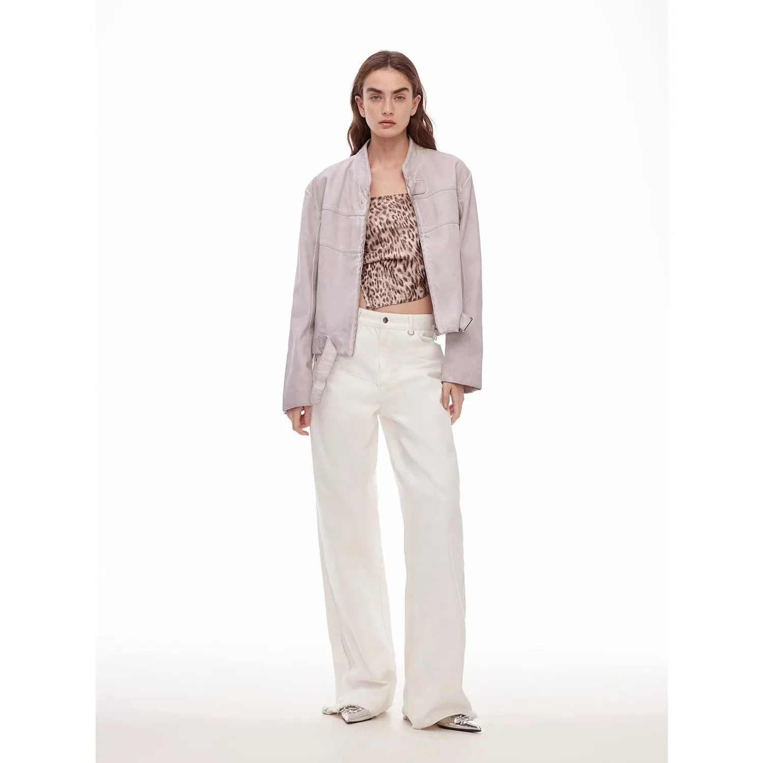 Vintage style curved split design enzyme wash process wide-leg micro-lapel mid-low waist denim pants sold by Firelady Fur product image thumbnail 2