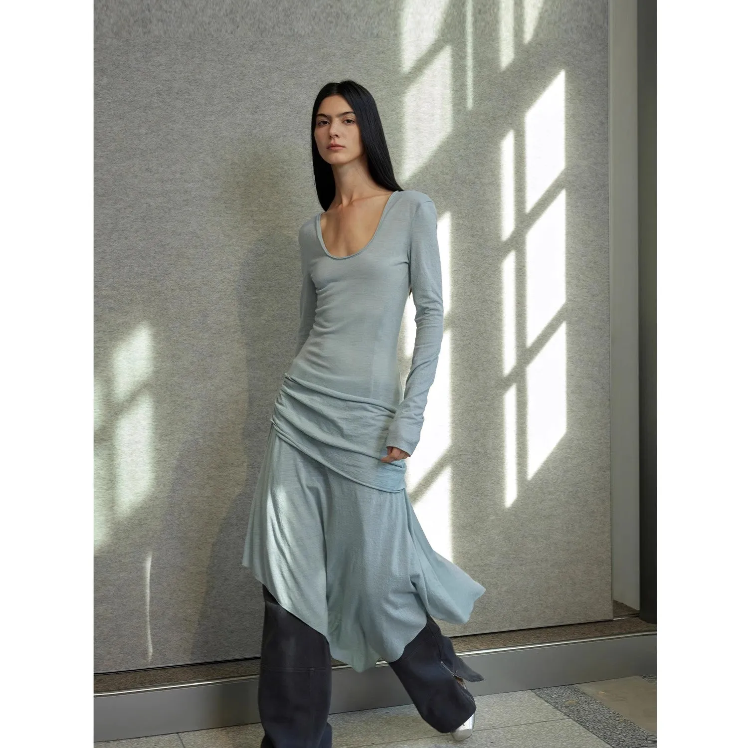 "Dreamy Ball" Lightweight and Breathable 100% Wool / U-neck Irregular Hem Long Dress for Women sold by Firelady Fur