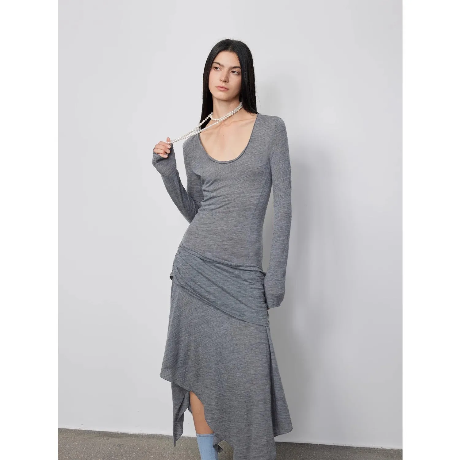 "Dreamy Ball" Lightweight and Breathable 100% Wool / U-neck Irregular Hem Long Dress for Women sold by Firelady Fur product image thumbnail 2