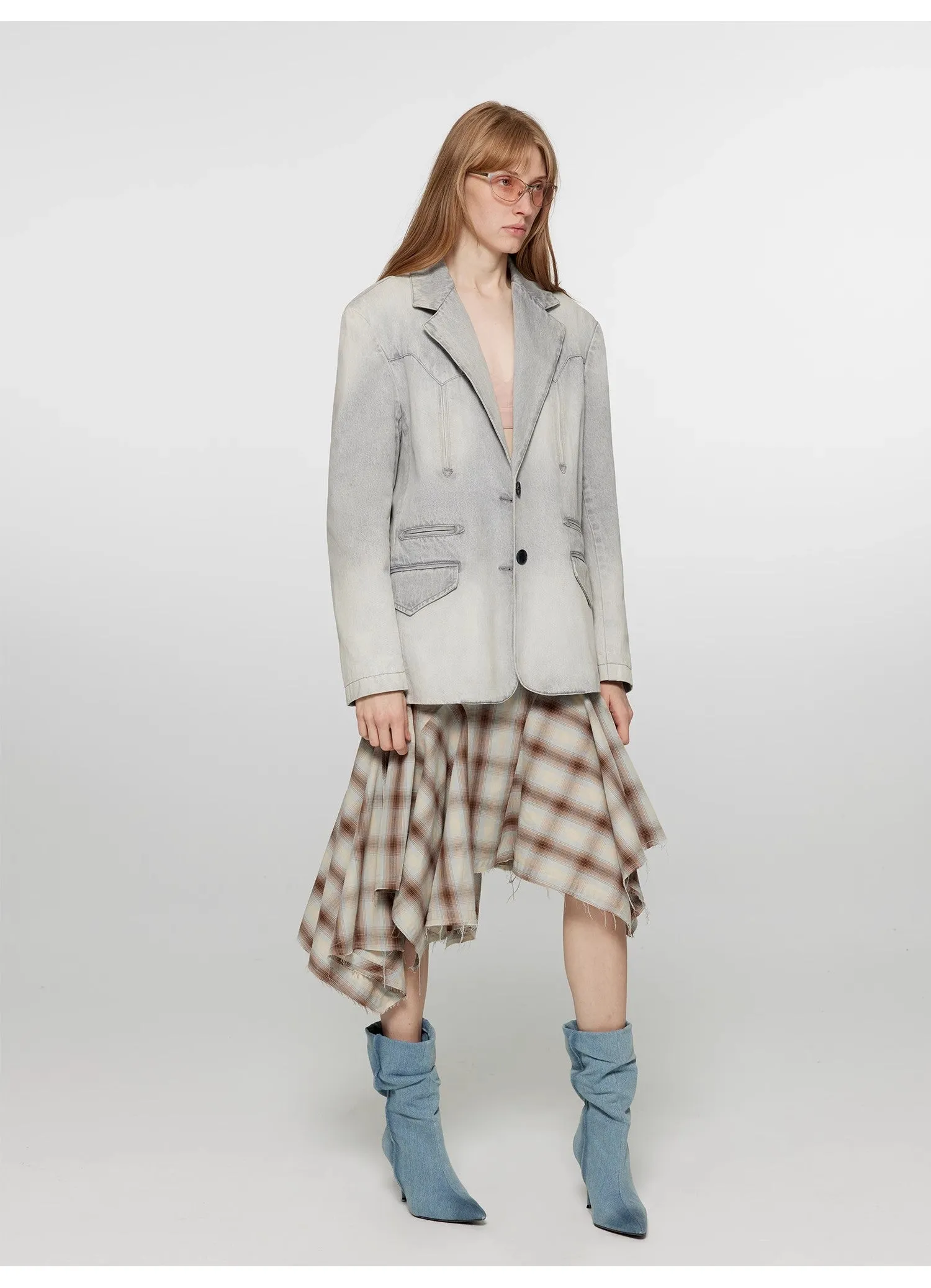 "Freeze Spring" fixed-dye plaid vertical cut irregular A-line skirt for women with spliced raw edge mid-skirt sold by Firelady Fur product image thumbnail 5