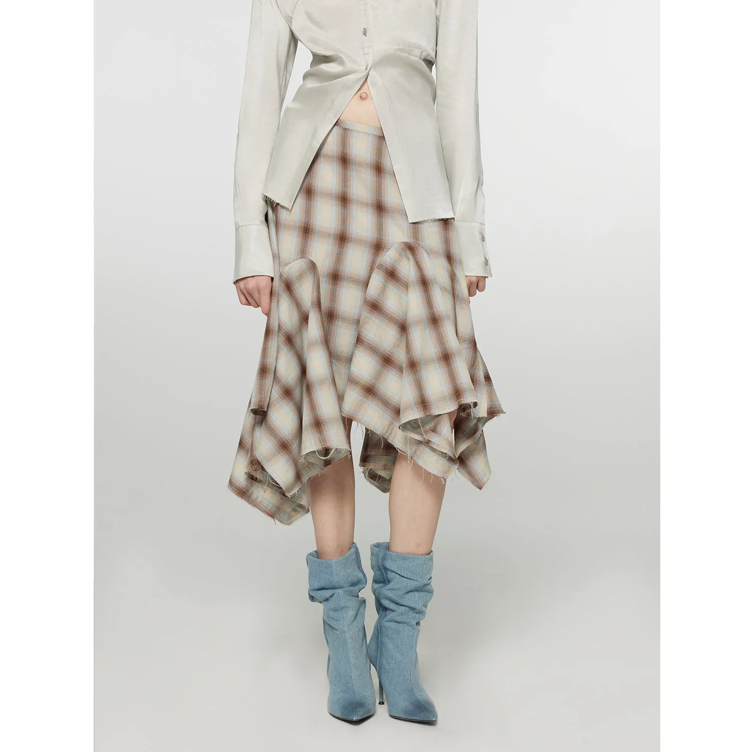 "Freeze Spring" fixed-dye plaid vertical cut irregular A-line skirt for women with spliced raw edge mid-skirt sold by Firelady Fur