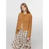 Retro Suede Sheep Leather Short Jacket with Structured Shoulders and Round Neck, Genuine Leather Outerwear "Sunset Escape" sold by Firelady Fur