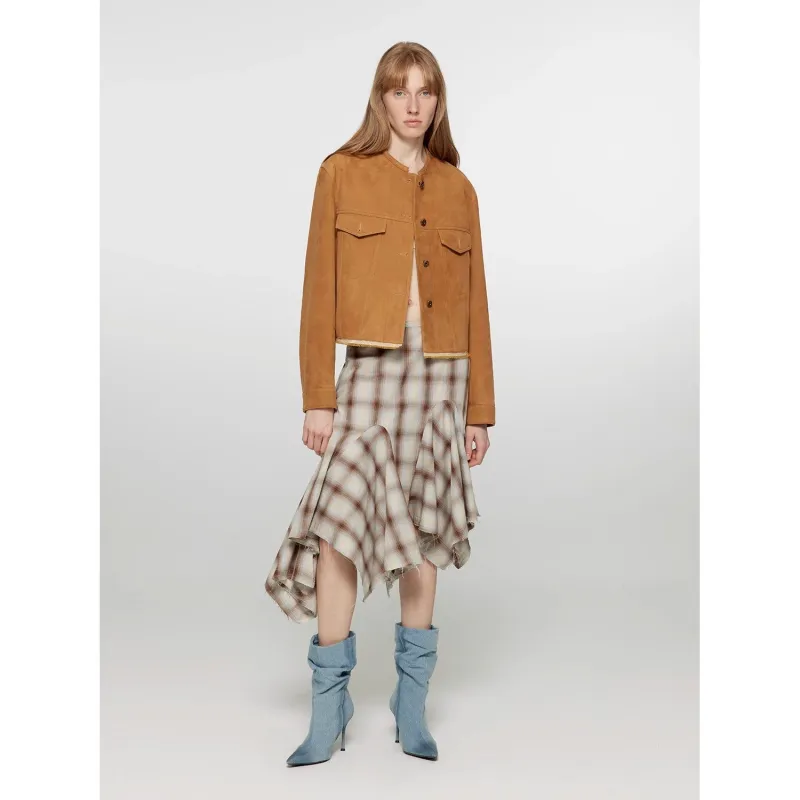 Retro Suede Sheep Leather Short Jacket with Structured Shoulders and Round Neck, Genuine Leather Outerwear "Sunset Escape" sold by Firelady Fur