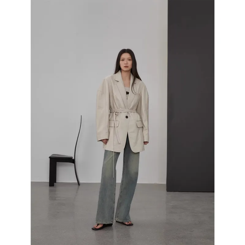 Imported sheepskin wide-shoulder lightweight lace-up suit leather jacket textured genuine leather jacket "Dark Side of the Moon" sold by Firelady Fur