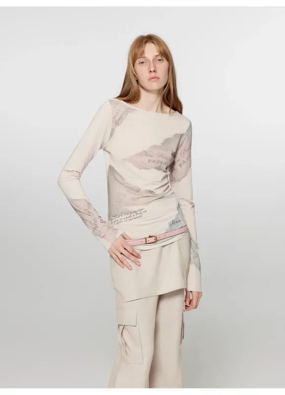 Silk Cotton Blended/Original Printed One-line Collar Long Sleeve T-Shirt Women's Fitted Top "Letter from Morning and Evening" Spring sold by Firelady Fur