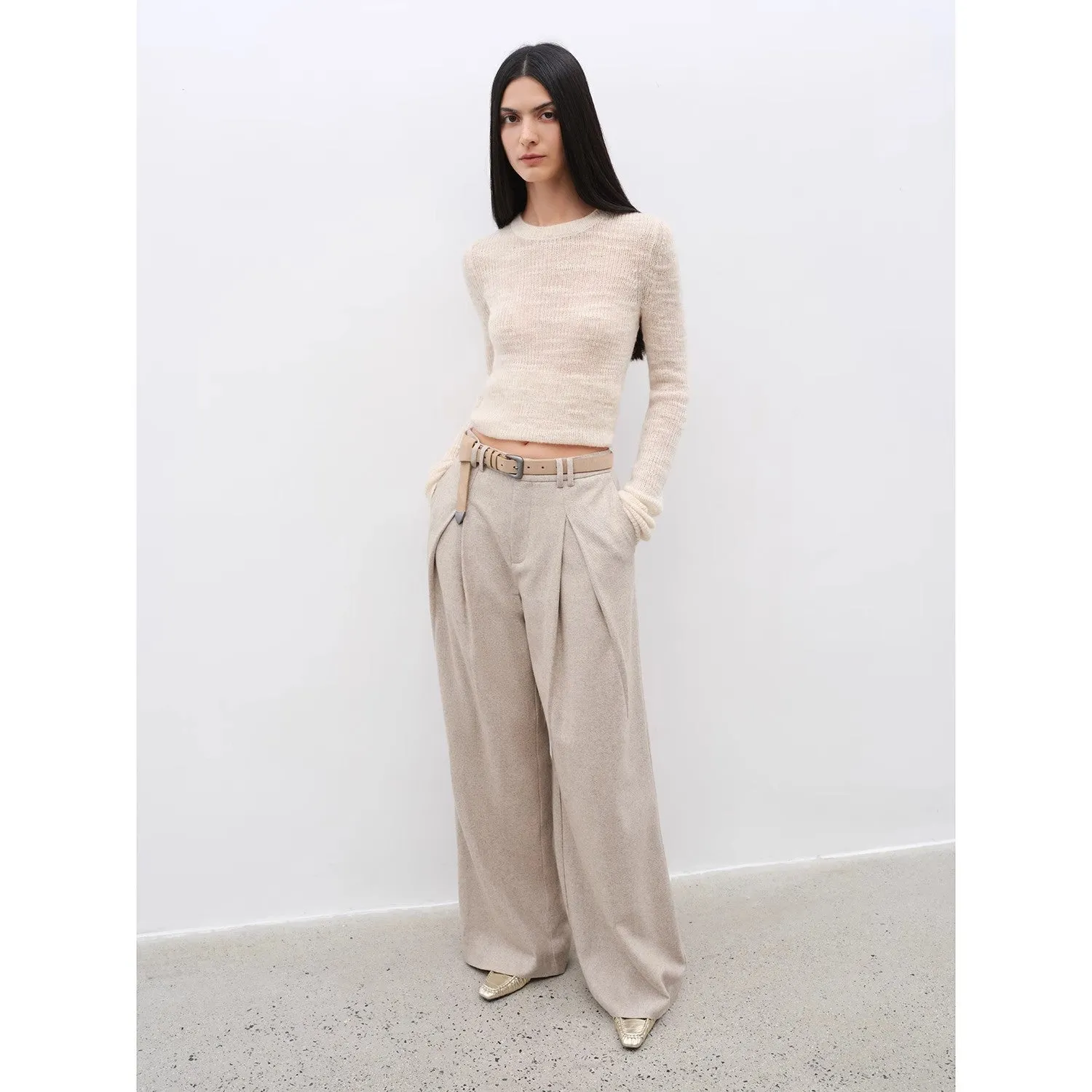 "City Stroll" casual and relaxed wool-blend double-pleated straight draped wide-leg casual trousers for autumn sold by Firelady Fur