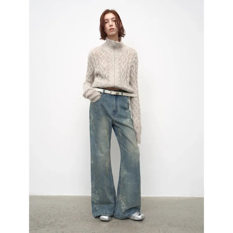 "Denim Shadow"retro washed printed layered casual slimming cotton bootcut jeans sold by Firelady Fur