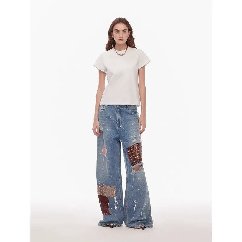 "Uninhibited splicing" retro design mid-low waist washed ripped hole splattered paint cloth patch wide-leg jeans sold by Firelady Fur
