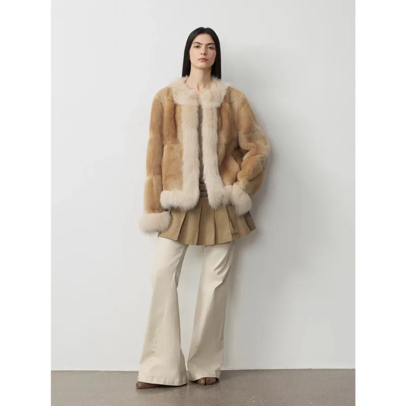 "Casual Gene" Wide Shoulder Straight Fit Blue Mink Fur Patchwork with Contrasting Fox Fur Coat for Women sold by Firelady Fur