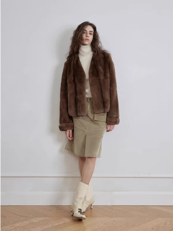 Margaret mid-century style contrasting color Rex rabbit coat sold by Firelady Fur