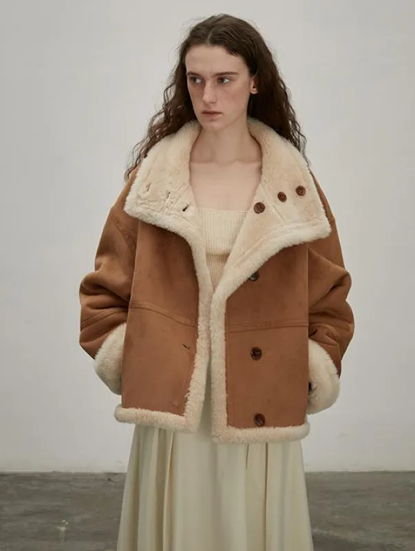 Fireladyfur Women's Faux Leather Shearling Jacket - Long Reversible Wool Coat Christmas Elk Design sold by Firelady Fur