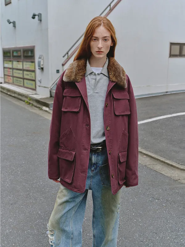 Engineer Fashionable Warm Multi-Pocket Distressed Work Jacket Rabbit Fur Collar Loose Straight Party Jacket sold by Firelady Fur