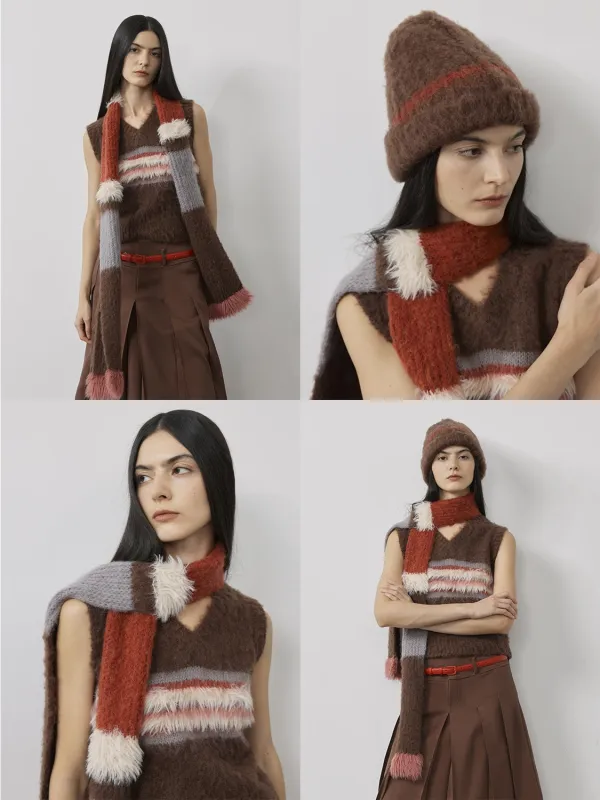 Fireladyfur Women's Mohair Wool Blend Vintage Colorblock Knit Hat Scarf Set sold by Firelady Fur