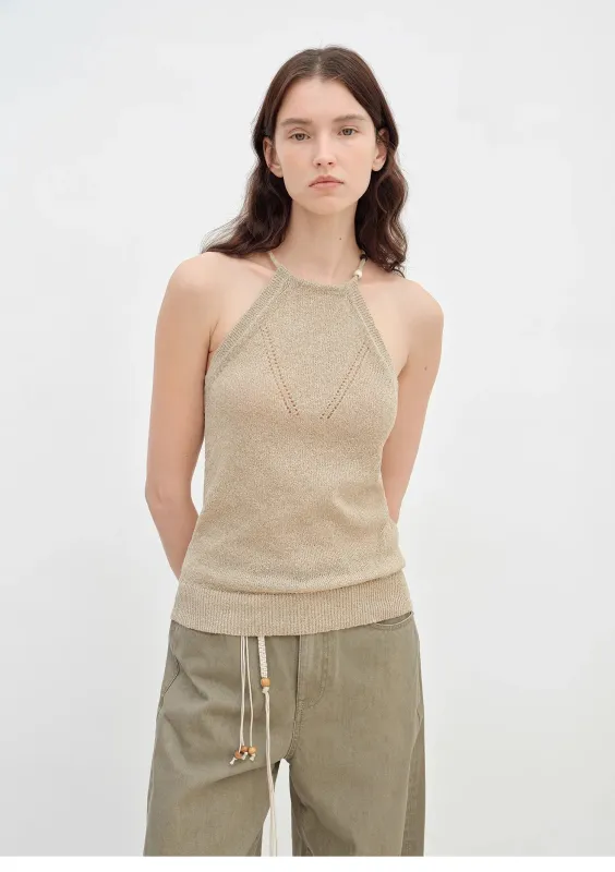 "Moussaka" wooden beaded lace-up halterneck knitted vest sold by Firelady Fur