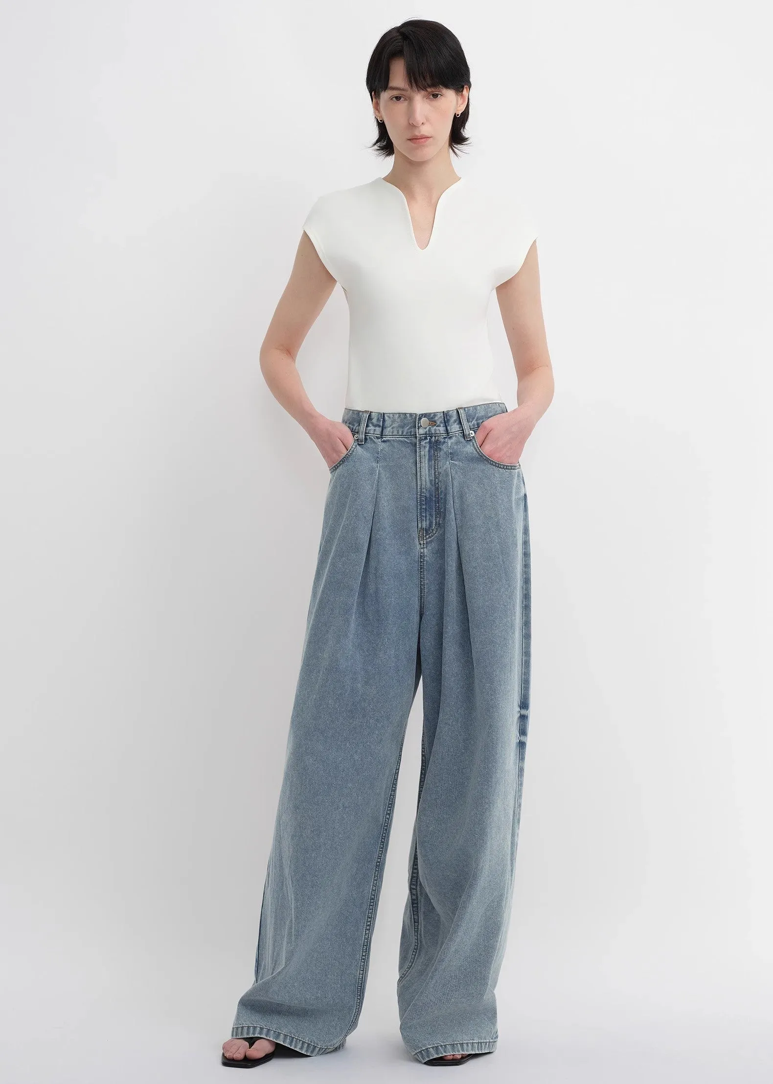 Soft Tencel Cotton Light Structure Pleated Loose Straight Wide Leg Jeans for Women sold by Firelady Fur