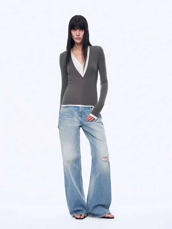 "West City Rhythm" Handmade Whisker Washed Flared Jeans Spring sold by Firelady Fur