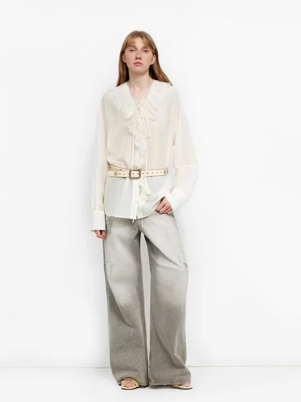 Acetate mulberry silk French romantic fungus-edged flowing collarless pleated silhouette shirt "Spring Wings" sold by Firelady Fur
