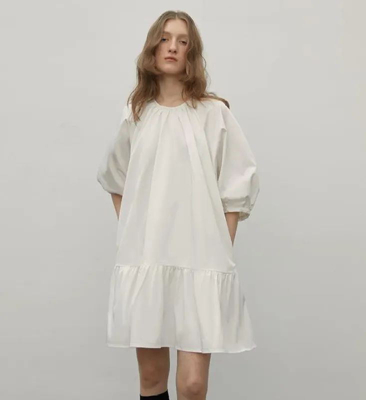 "Dream Island" Hepburn style white dress temperament high-end puff sleeve dress for women sold by Firelady Fur