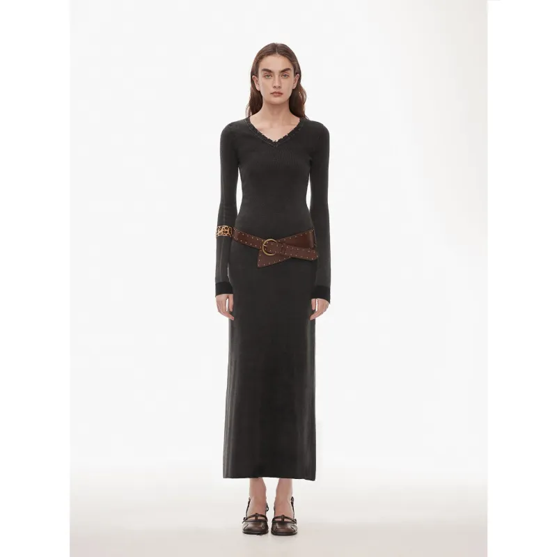 "Kalle Morning" fashionable fermented washed distressed raw edge V-neck waist dress for women sold by Firelady Fur