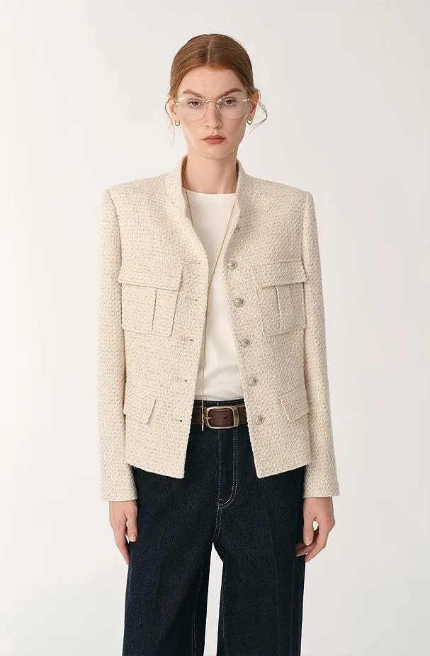 Heavy wool blend tweed stand collar waist cropped coat sold by Firelady Fur product image thumbnail 3