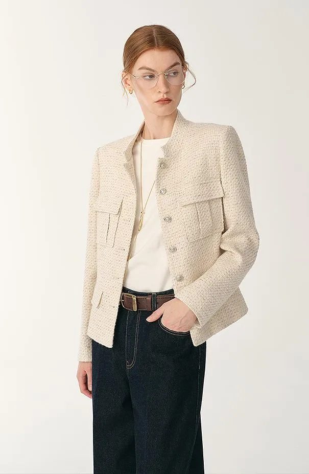 Heavy wool blend tweed stand collar waist cropped coat sold by Firelady Fur