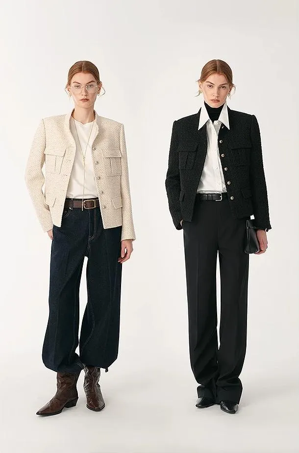 Heavy wool blend tweed stand collar waist cropped coat sold by Firelady Fur product image thumbnail 4