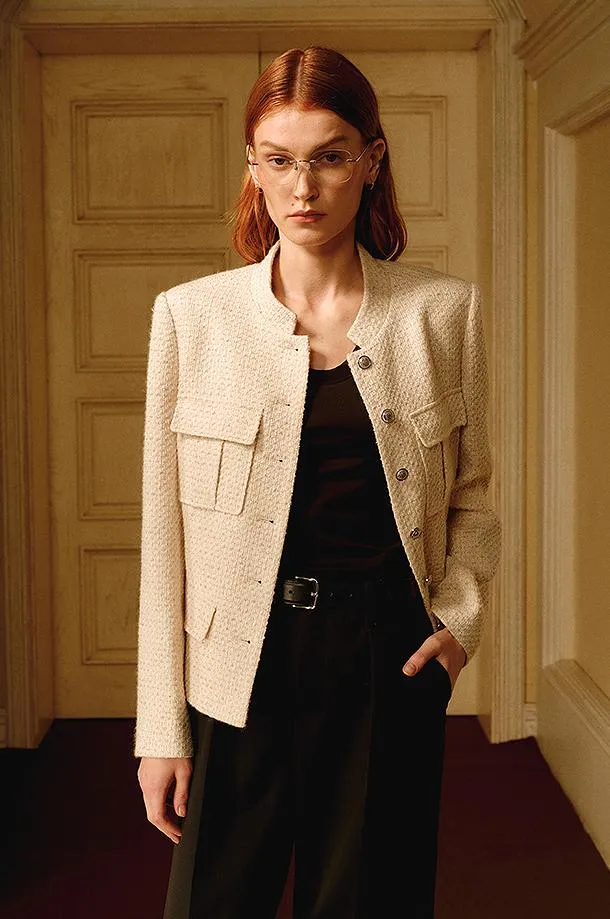 Heavy wool blend tweed stand collar waist cropped coat sold by Firelady Fur product image thumbnail 2