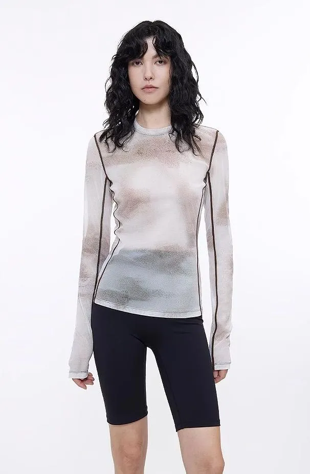 Smudge-printed mesh slightly see-through long-sleeved T-shirt for women sold by Firelady Fur