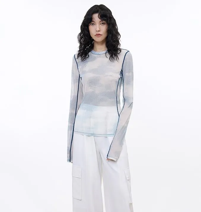 Smudge-printed mesh slightly see-through long-sleeved T-shirt for women sold by Firelady Fur product image thumbnail 5