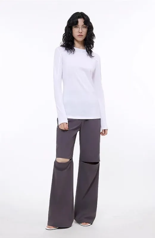 Round neck deconstructed long sleeve T-shirt for women Slim fit and versatile top sold by Firelady Fur