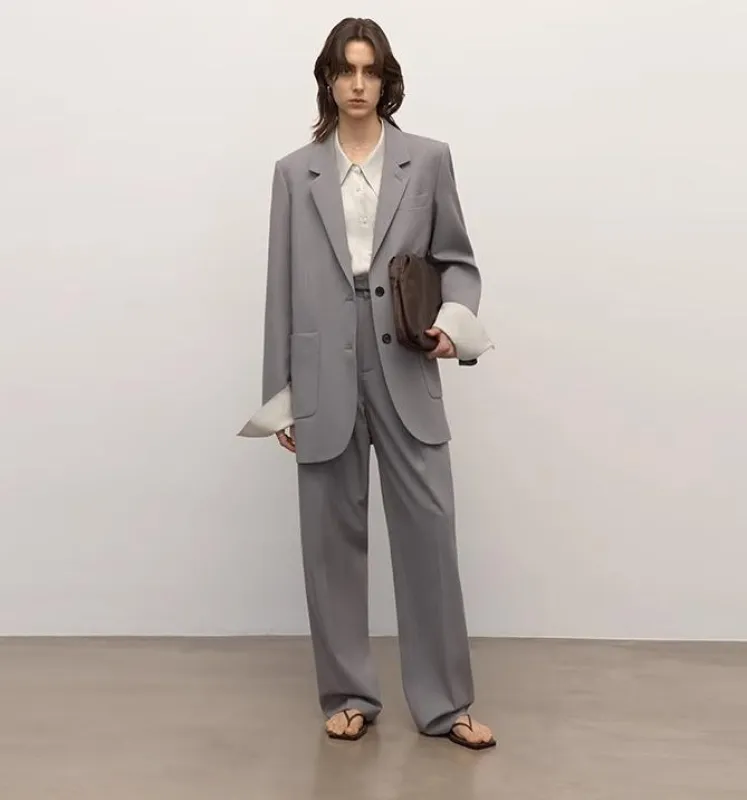 Heavy fine twill worsted wool, asymmetrical collar design, basic classic two-button suit made by Firelady Fur