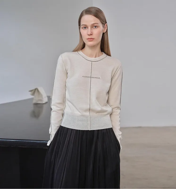 “Imbell"Imported Yangtze 30NM Contrast Stitch Wool Knit Skin-Friendly Short Top sold by Firelady Fur