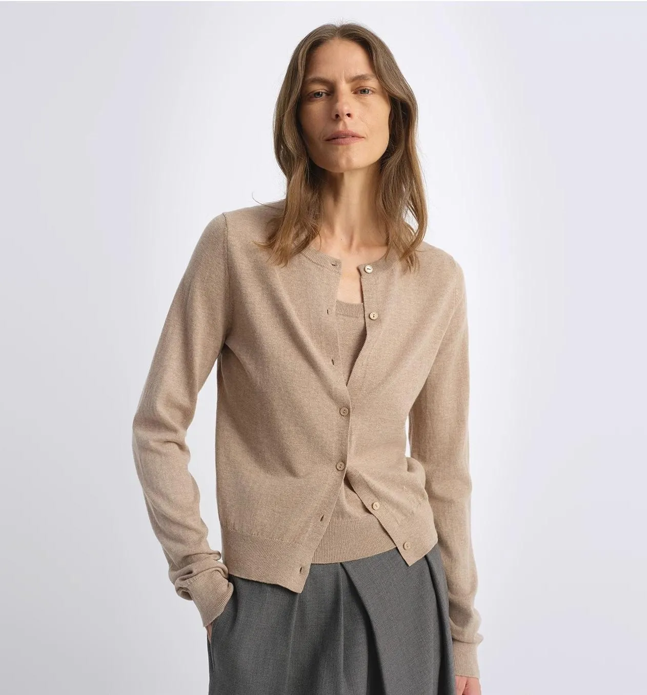 Machine washable round neck long sleeve multi-color knitted wool cardigan solid color base layer top sold by Firelady Fur