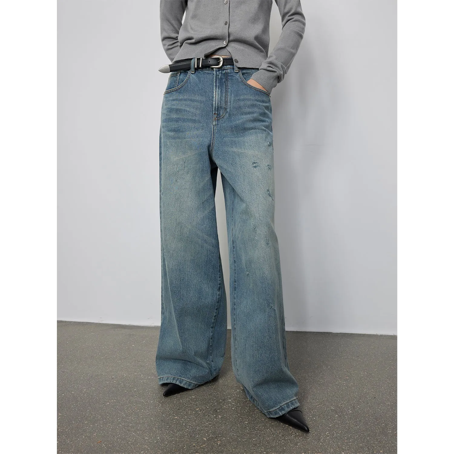 "90 Street" Retro Washed Distressed Straight Leg Wide Leg Low Crotch Jeans Women's Loose Pants sold by Firelady Fur product image thumbnail 2