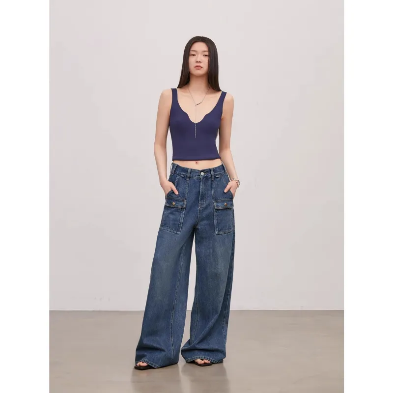 "Silent Deep Sea"Washed Vintage Blue Straight-leg Workwear Jeans for Women, Loose Wide-leg High-waisted Pants sold by Firelady Fur